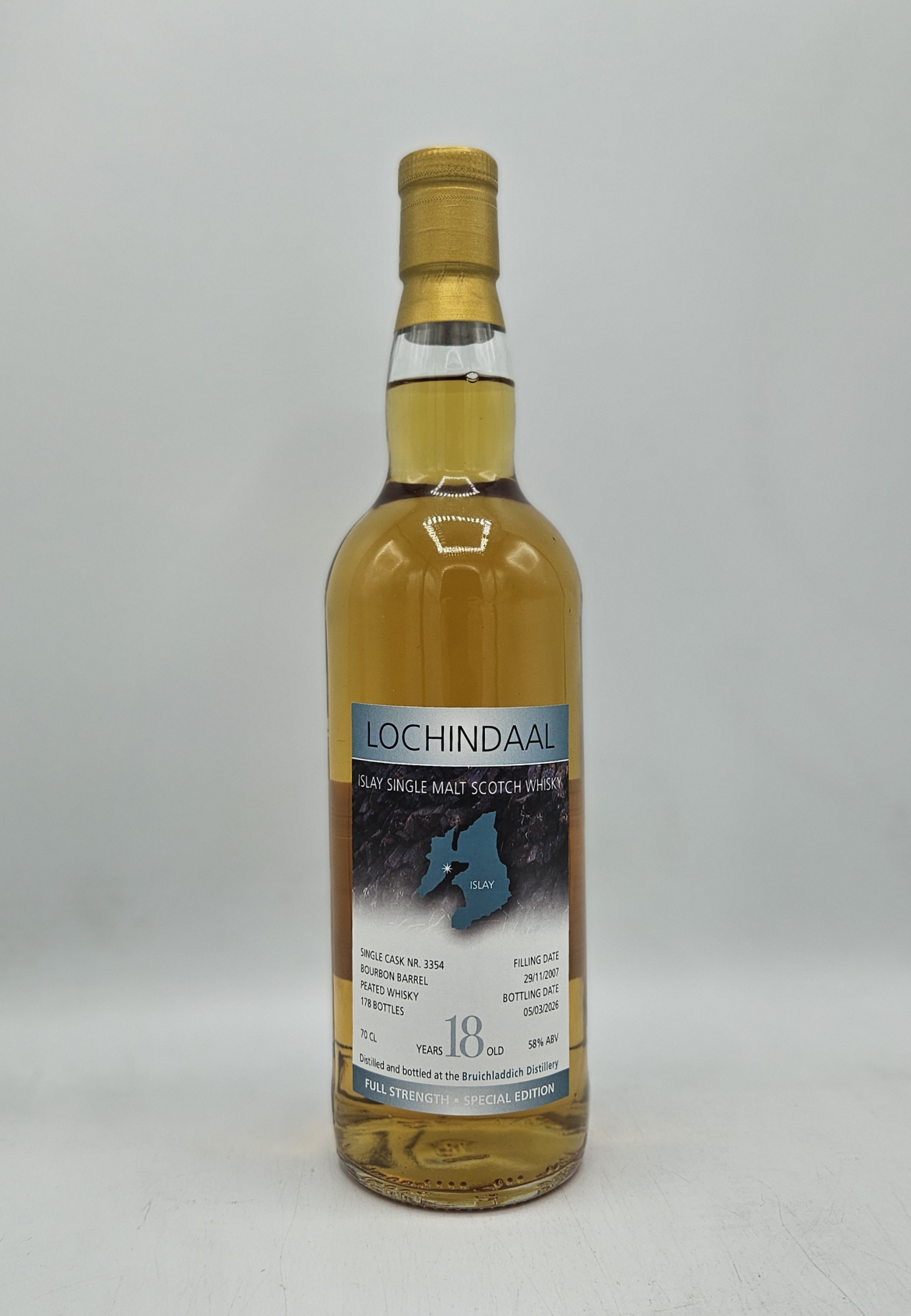 Lochindaal (Bruichladdich) Single Cask Peated Whisky Bourbon Barrel 58%